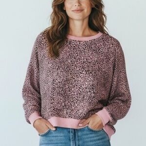 Z Supply Pink and Brown Leopard Print Crew Neck Sweatshirt